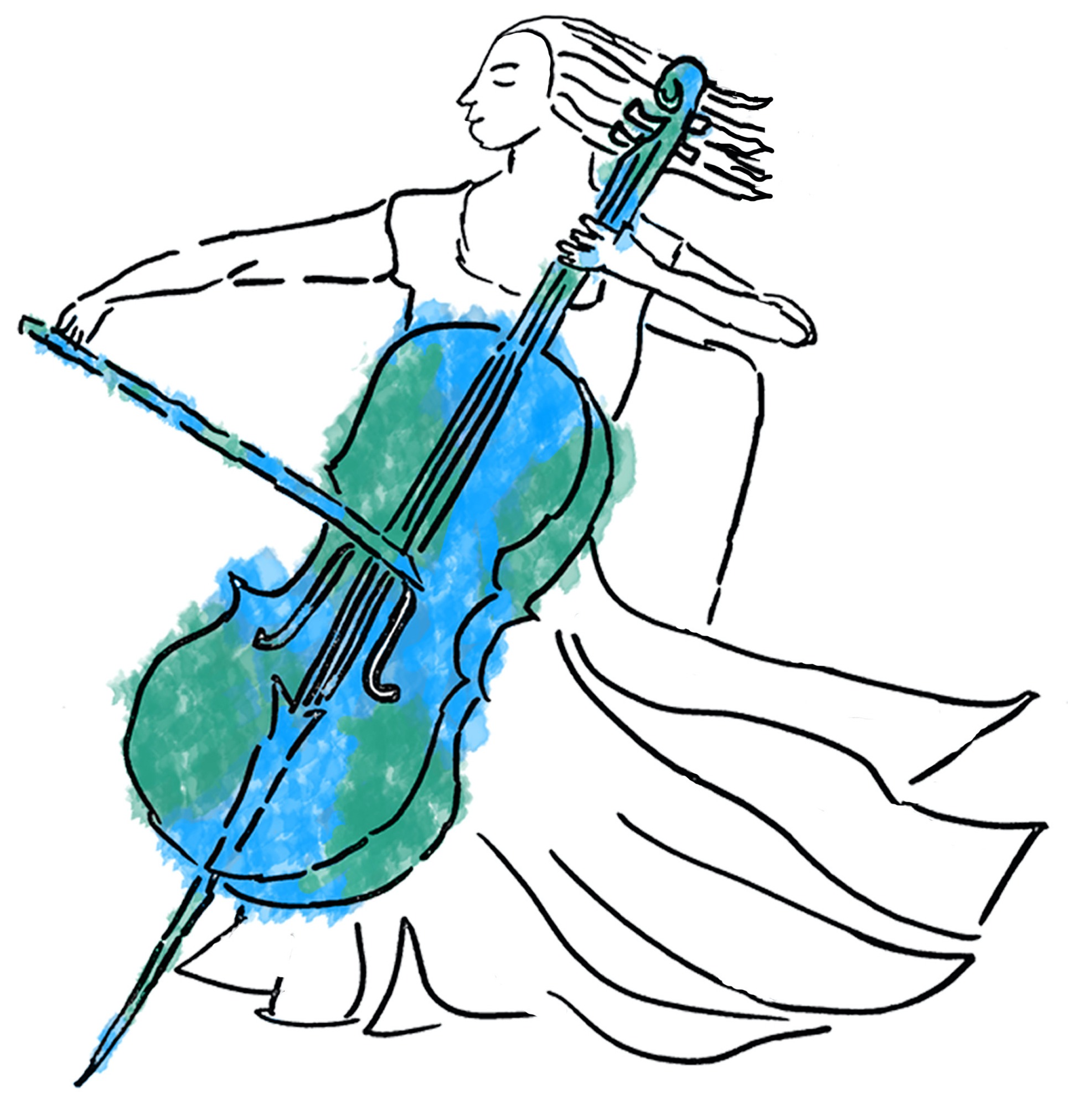 Logo of cellist playing a cello that is colored green and blue like the Earth.